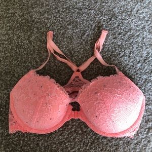 Peach Floral Lace with Rhinestone Accent Racerback Bra